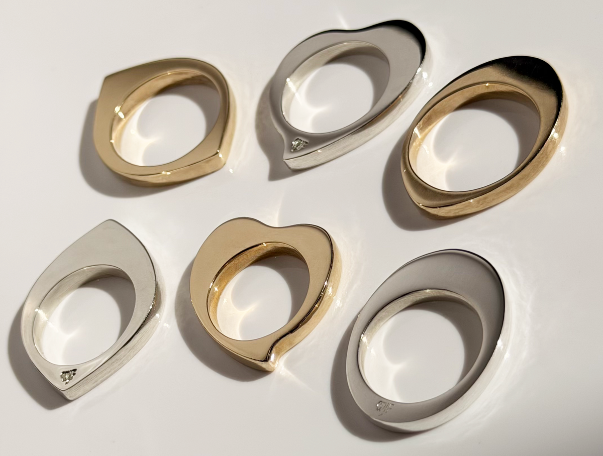 Six polished metal rings in brass and silver finishes arranged on a clean white surface.