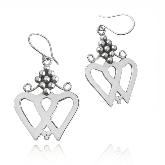 Silver Luckenbooth Earrings dangle from handmade French hooks