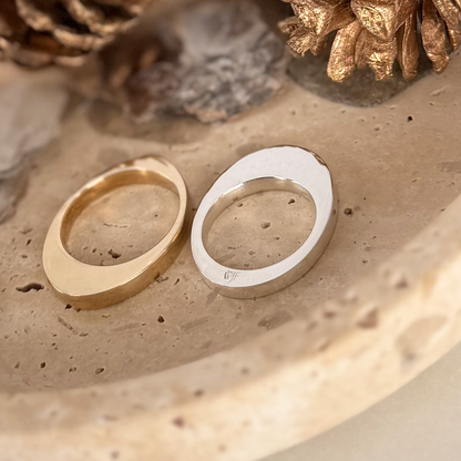Two polished egg-shaped rings nested together, one in gold and the other in silver, displayed on a textured beige stone surface with decorative pinecones.
