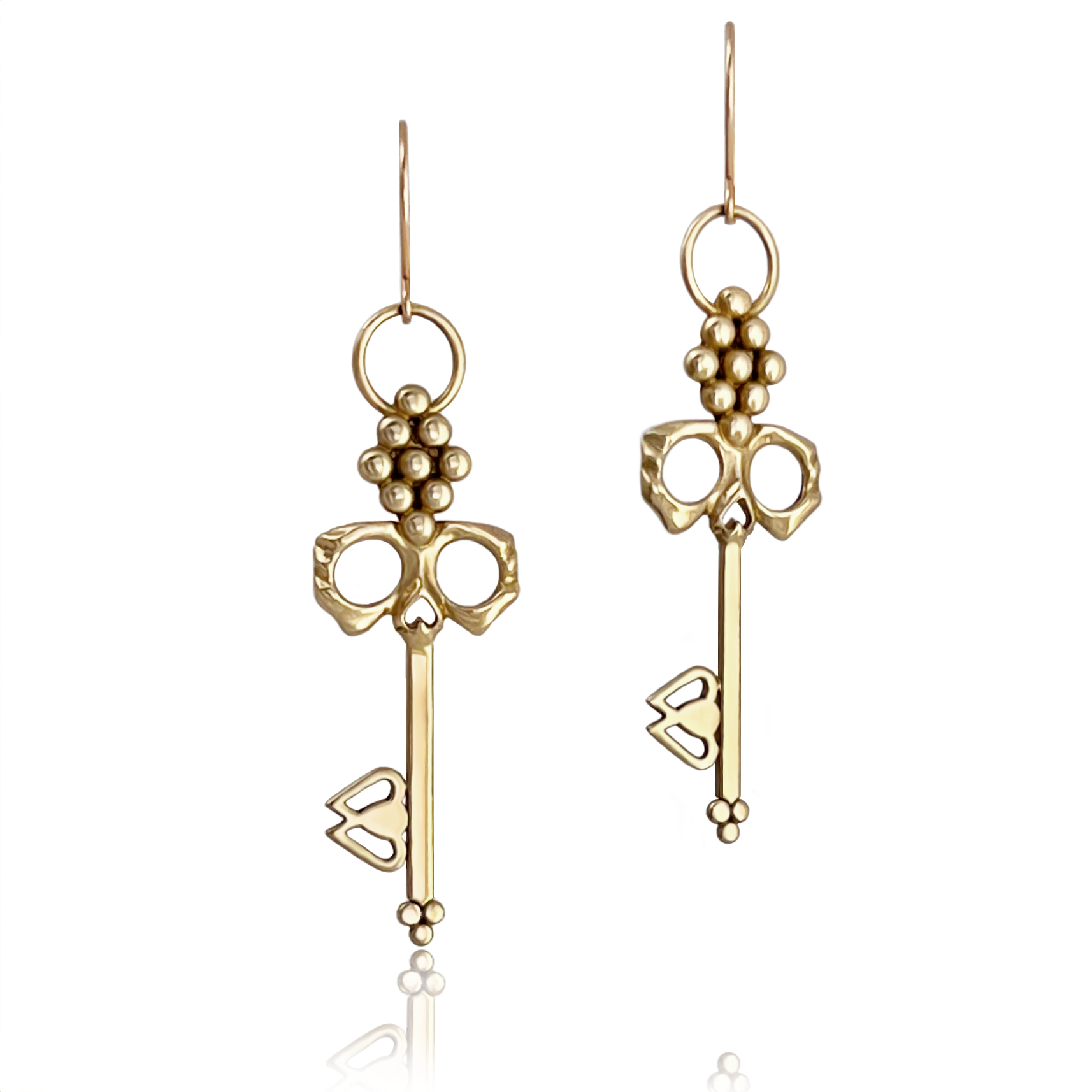 Brass Skull Key Earrings dangle from 14K gold-filled hypoallergenic handmade French hooks