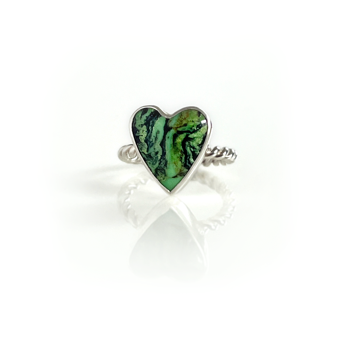 Green turquoise heart and silver ring 