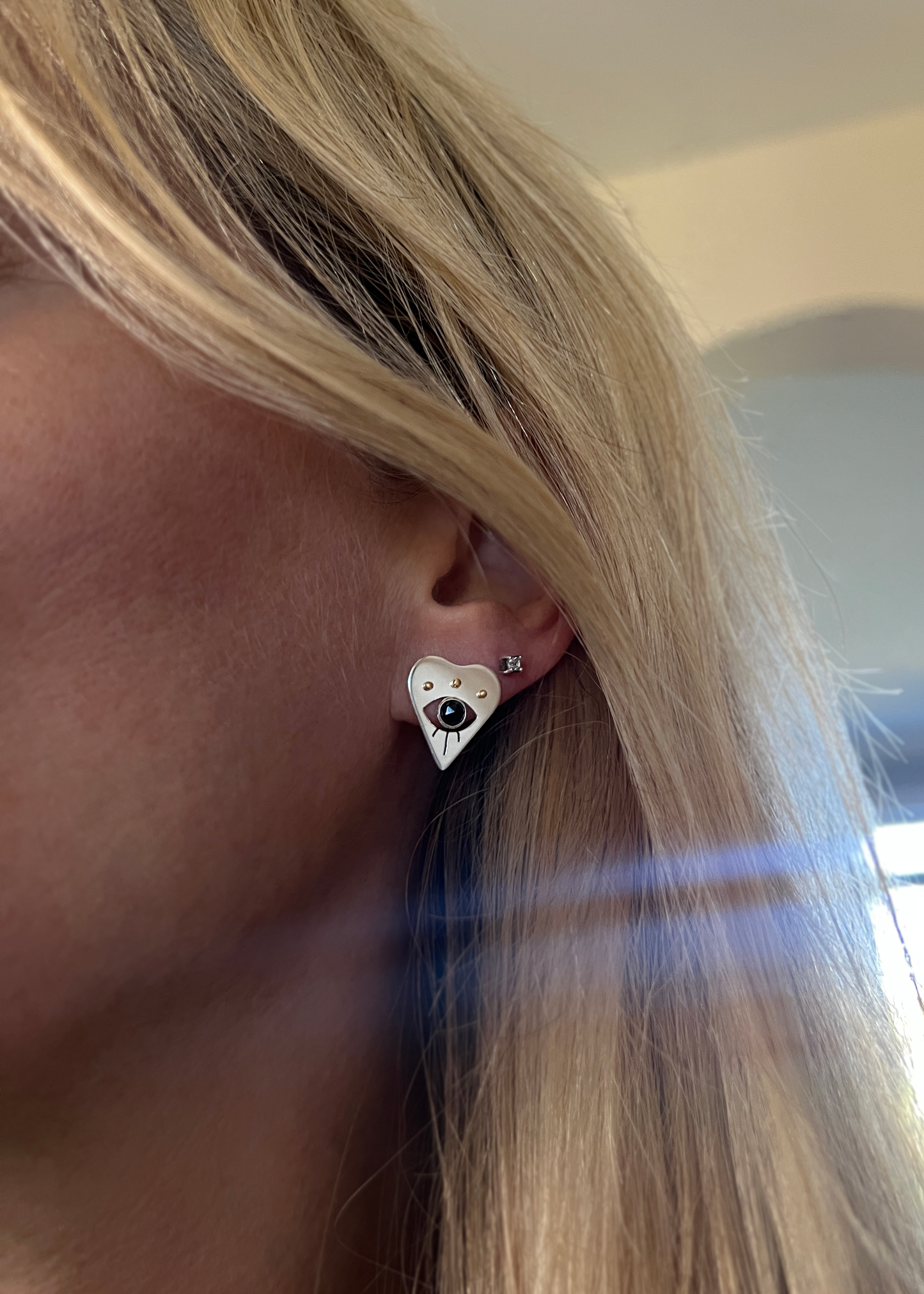 Evil Eye Heart Earrings with Black Spinel