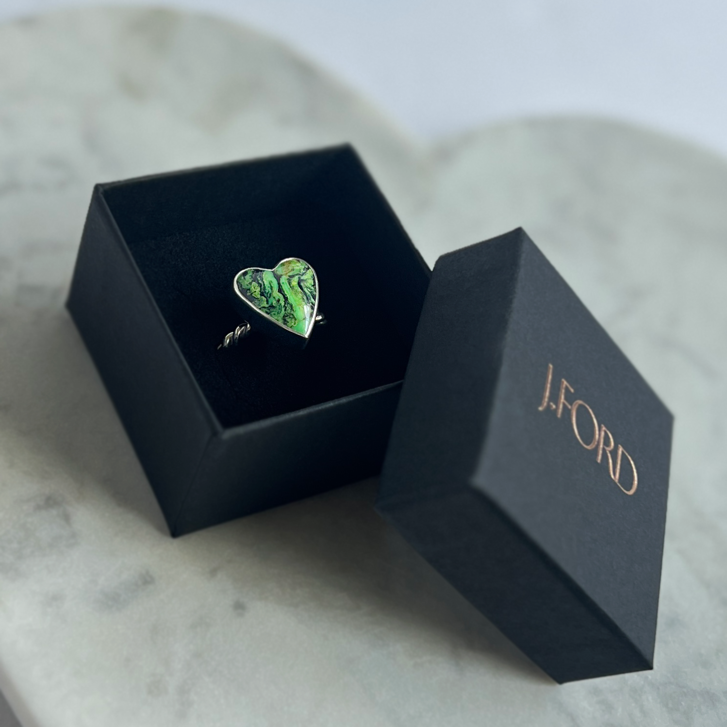 Green Turquoise Heart Silver Stacker Ring in J.FORD jewelry box