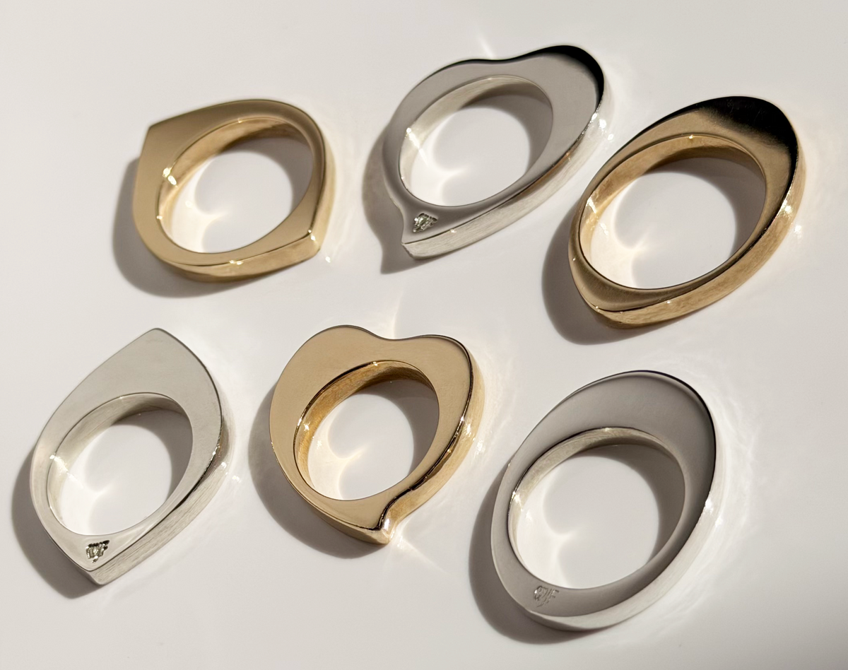 Six polished metal rings in brass and silver finishes arranged on a clean white surface.